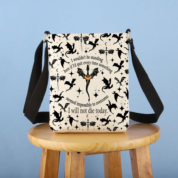 Fantasy Themed Crossbody Handbag - I Will Not Die Today, Dragon Print - Picture 3 of 7